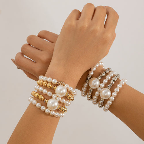 Large round bead and micro-painted pearl layered bracelet