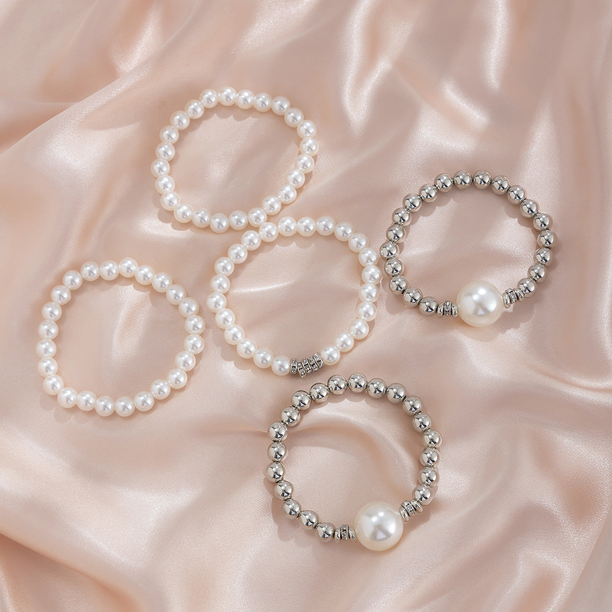 Large round bead and micro-painted pearl layered bracelet