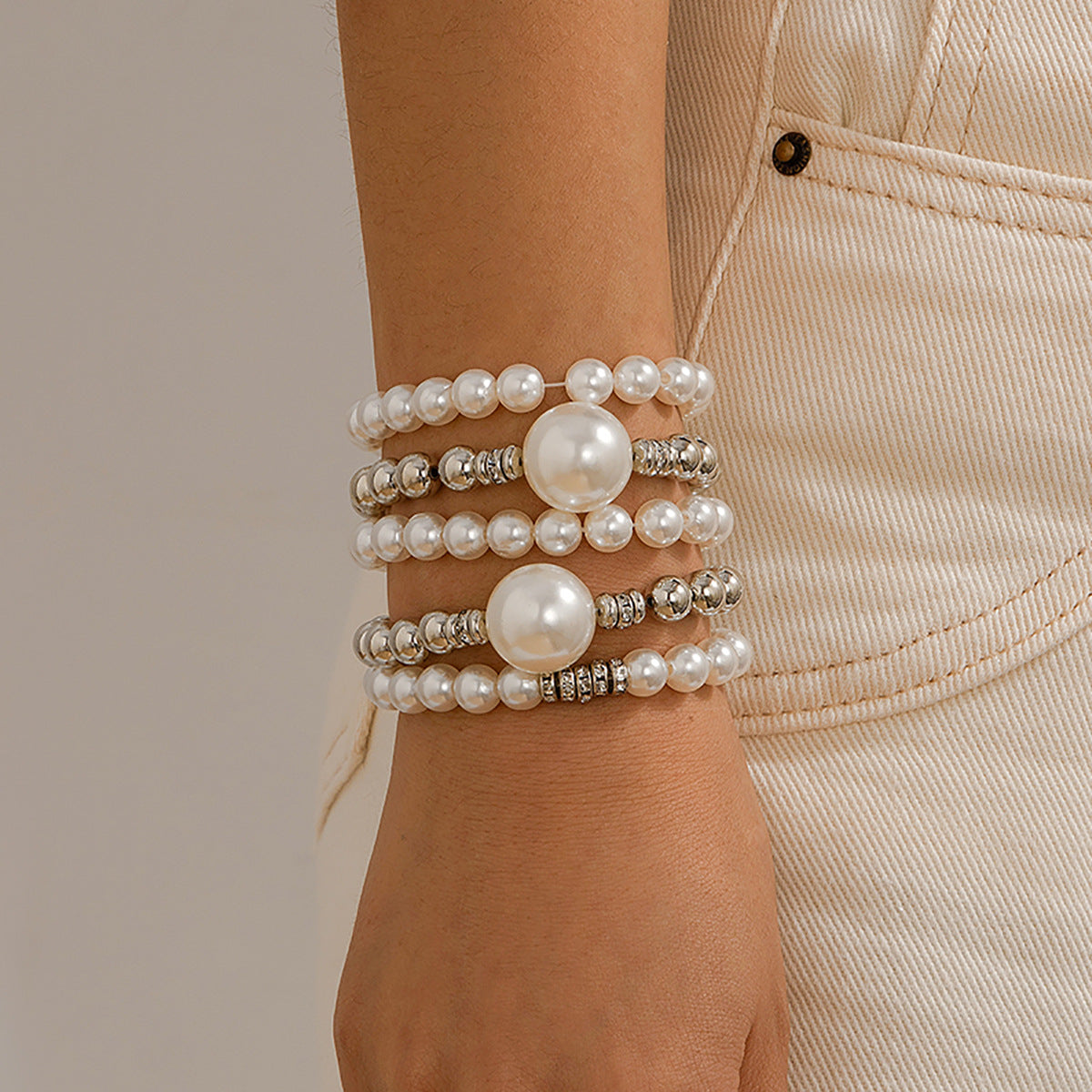 Large round bead and micro-painted pearl layered bracelet
