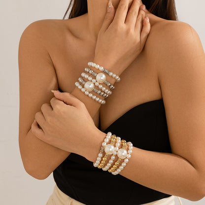 Large round bead and micro-painted pearl layered bracelet